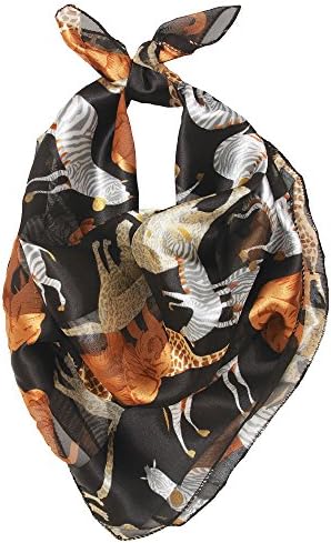 Women's Satin Striped Lightweight Spring/Summer/Fall Square Safari Animal Printed Scarf (Black)