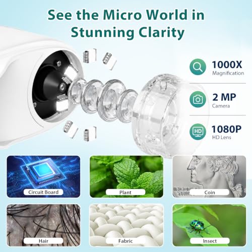PINREK Kids Microscope 1000X Digital, Handheld Adventure Microscope for Kids, Pocket Microscope Video Record with 32G Memory Card, Portable Magnifying Glass Miniscope, Great Gift for Boys Girls