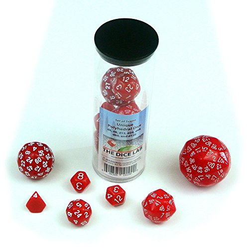 Set of Unique Dice: d4, d8, d12, d24, d48, d60, and d120 in Red