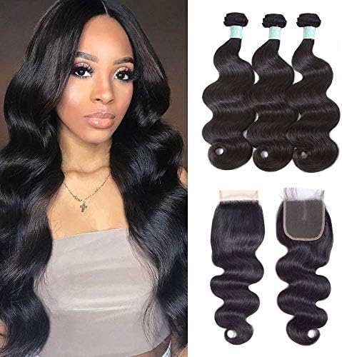 8A Brazilian Body Wave Bundles With Closure Virgin Hair 3 Bundles With Lace Closure 100% Unprocessed Human Hair Weave Weft Extensions Natural Color (16 18 20+14"Closure)