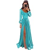 INEWER Long Sleeve Satin Bridesmaid Dresses with Slit for Women Square Neck Prom Dress with Pockets