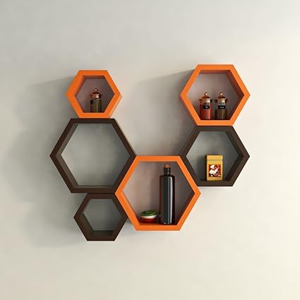 DecorNation Hexagon Wall Shelf, Set of 6 (Orange and Brown)