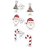 925 Sterling Silver (SET OF 3) Crystals Christmas Tree Santa Claus Candy cane Stud Earrings 28468