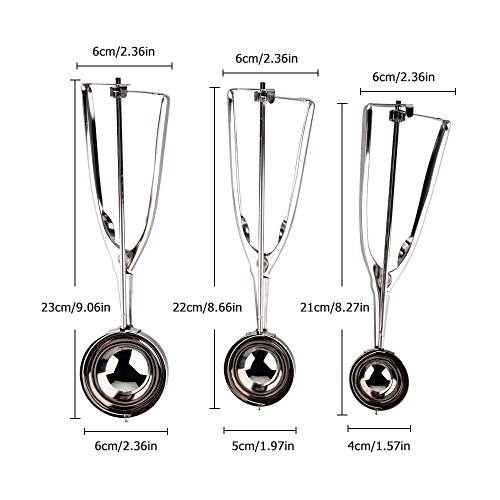 BASEIN Ice Cream Scoop 18/8 Stainless Steel Ice Cream Scooper with Trigger Release Melon Baller Cupcake/Cookie Scoop Set of 3