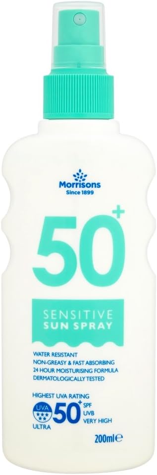 Morrisons Sensitive Sun Spray SPF50 200ml Water Resistant High UVA UVB