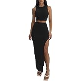 ELLEVEN Sexy 2 Piece Maxi Skirt Sets for Women - Knit Bodycon Crop Tank Top and High Slit Skirt Dress Set, Summer Outfits