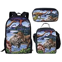Salabomia 3PCS Set School Bookbag Lunchbox Pencil Bag for Teens Backpack Daypack Tyrannosaurus Rex Dinosaur Printed
