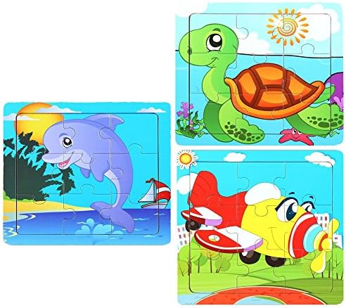WELLSKEY Wooden Peg Puzzles Set of 3 (Plane, Turtle, Dolphin)