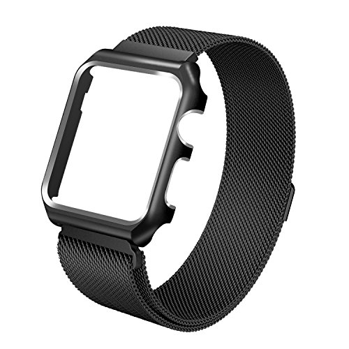 Apple Watch Band with Metal Case 38mm, Shockproof Protective Screen Bumper w Anti-scratch Soft Rubber Lining, Milanese Loop Magnetic Mesh Stainless Steel for iWatch Sport & Edition - Black