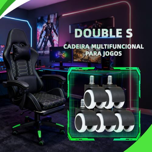 Cadeira Gamer Ergonômica com Conjunto de 5 Rodízios com Travão (Fixação Segura, Mobilidade Controle, Estabilidade) e Apoio Cervical Ajustável (Preto e Verde)