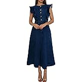 utcoco Denim Dress for Women Sleeveless High Waist Half Button Ruffle A Line Midi Jean Dresses