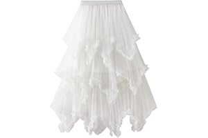 IMISSILLEB Women's Tulle Skirt Asymmetrical Pleated Elastic High Waist Layered Tutu Skirt Casual Cocktail Party A-Line Mesh Midi Skirt