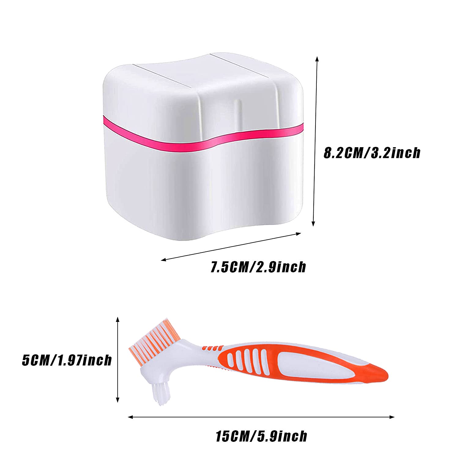Denture Cleaner Box and Brush Set - 2 Pack Denture Bath Case with Basket + 2 Pack Denture Brush, Portable Denture Retainer Storage Box, Premium Hygiene False Teeth Brushes for Oral Care : Beauty