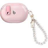 CameCosy for Beats Studio Buds/Buds + Case with Secure Lock Clip Design for Women, Soft TPU Bumper Shockproof Cover for Beat Studio Buds with Pearl Bracelet Keychain-Clear Pink