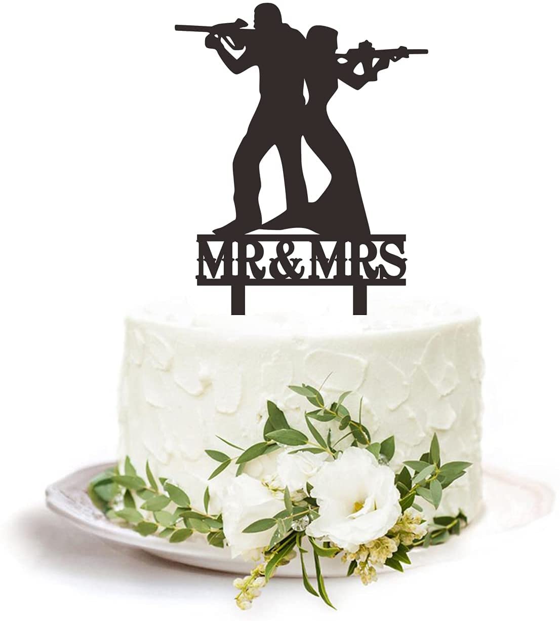 Photo 1 of Heavy  Wedding Cake Topper - Groom & Bride With Heavy Gun Behind Each Other - Funny Gun Theme Wedding/Anniversary/Bridal Shower Cake Topper, Mr and Mrs Wedding Cake Topper