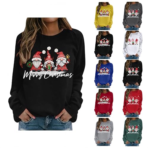 Black Christmas Jumper Women, Funny Gnomes Print Pullover Long Sleeve Crewneck Ladies Xmas Sweatshirt
