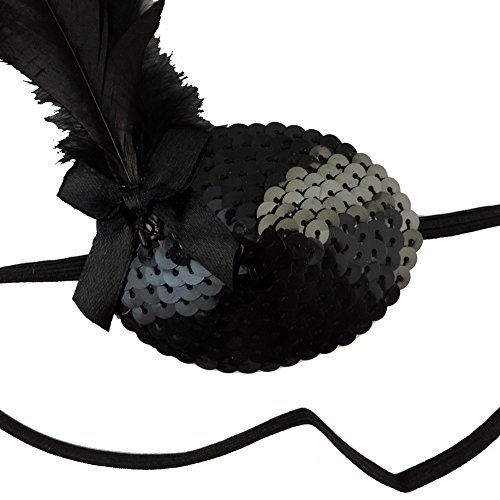 Sultry Black Feather Plume Pirate Queen Sequined Eye Patch