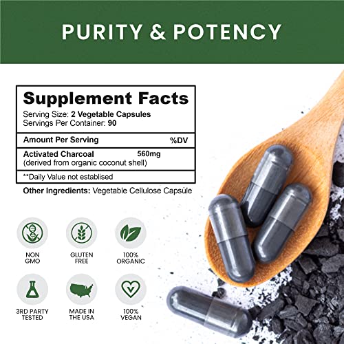 Coconut Activated Charcoal Capsules, 180 Charcoal Pills, Detox, Teeth