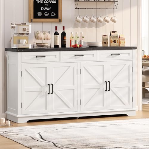 FIONESO 61" W Buffet Cabinet with 3 Large Drawers & 2 Adjustable Shelves, Farmhouse Sideboard Cabinet, Coffee Bar, TV Stand, for Kitchen, Living Room, White,40×155×80CM