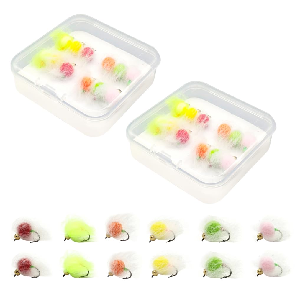Fly Fishing Flies Kit, 24Pcs Trout & Salmon Eggs Flies Glowing Bug Egg Floating Fly Lure with Storage Box for Bass Trout Salmon Fishing