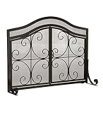 Plow & Hearth Small Crest Fireplace Screen with Doors, Solid Wrought Iron Frame with Metal Mesh, Decorative Scroll Design, Free Standing Spark Guard, 38 W x 31 H x 13 D, Black Finish...