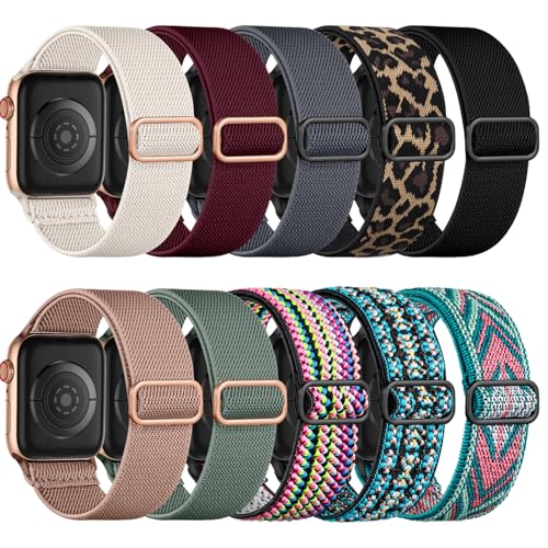 Maledan 10 Pack Nylon Bands Compatible with Apple Watch Band 40mm 41mm 38mm 42mm Women Men - Elastic Nylon Sport Strap for iWatch Series 11 10 9 8 7 6 5 4 3 2 1 SE3 SE2 SE, Set A