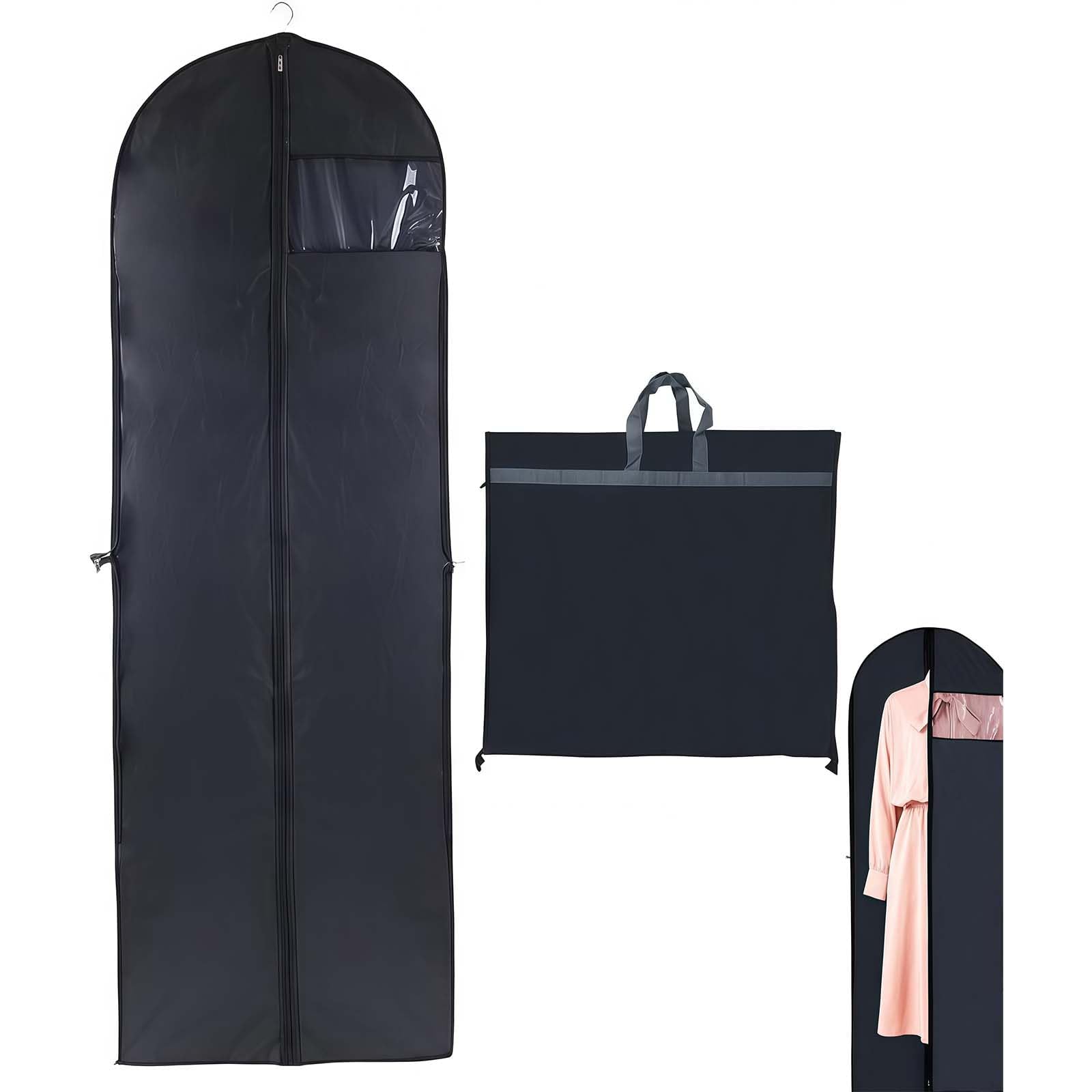Dress Bags Covers Long, Black Clothes Covers Foldable Coat Cover Protector Bags with Handle Dress Carriers for Women Travel, Coat Bag Suit Cover for Hanging Clothes Storage and Travel