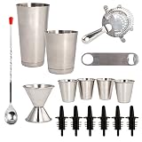 16 Pcs Cocktail Shaker Home Bar Set - Complete Bartender Kit with Double Bar Jigger, Pour Spouts, Drink Shaker, Hawthorne Strainer, Bar Spoon, Bottle Opener and Tin Shot Glasses