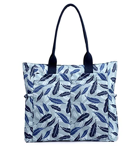 Nylon Water Resistant Multi Pockets Large Lightweight Tote Bag Shoulder Bag for Gym Hiking Picnic Travel Beach Waterproof Tote Bags (Blue Feather HB)