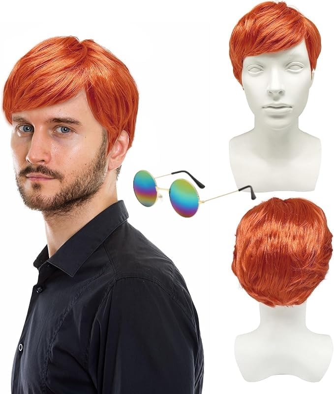SDXCJY 2pcs Mens Ginger Wig Short Wig with Sunglasses Men's Fancy Dress Wig 60s Punk Wig Rock Wig for Men Costume Accessories for Party Punk Carnival. (Orange)