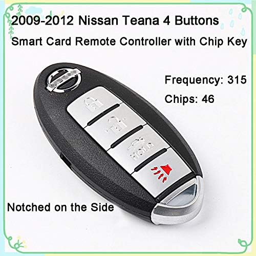 Factory 1 Set 4 Buttons 315Hz Car Key Fob Keyless Entry Smart Card Programmer Remote Control & Uncut 46 Chips Combo Replacement for 2009-2012 Teana Altima Maxima (Side with Slot) FCC ID KR55WK48903