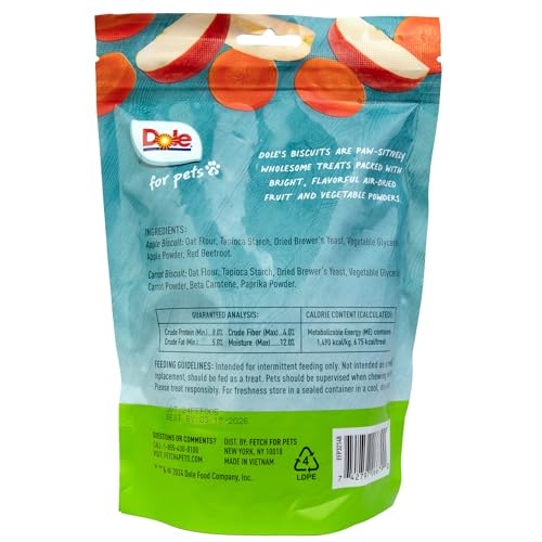 DOLE FOR PETS DOG BISCUITS ASSORTED APPLE + CARROT MIX, REAL FRUIT AND VEGETABLE FLAVOR VEGAN CRUNCHY TREATS, NO WHEAT CORN SOY OR ARTIFICIAL ADDITIVES, BITE SIZE TRAINING SNACKS FOR DOGS, 7 OZ