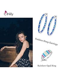 CiNily Blue White Opal Hoop Earrings,Women Jewelry Rhodium Plated Gemstone Big Hoop Earrings 19mm-32mm