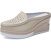 Women's Genuine Leather Hollow Out Platform Backless Mules Sandals,Breathable Comfortable Slip On Nurses Shoes Elegant Wedge Walking Sandals