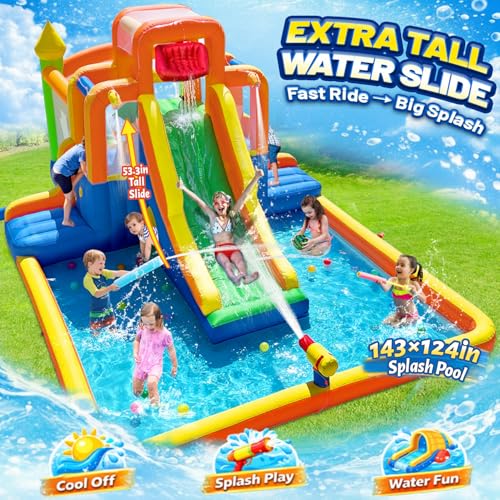 HuaKastro Giant Water Slide & Bounce House for Big Kids, 3 Climbing Routes Race to the Tall Slide, Dry Jumping Area, 4-Sprayer Water Fun and Big Splash Pool, Backyard Waterpark for Kids Party