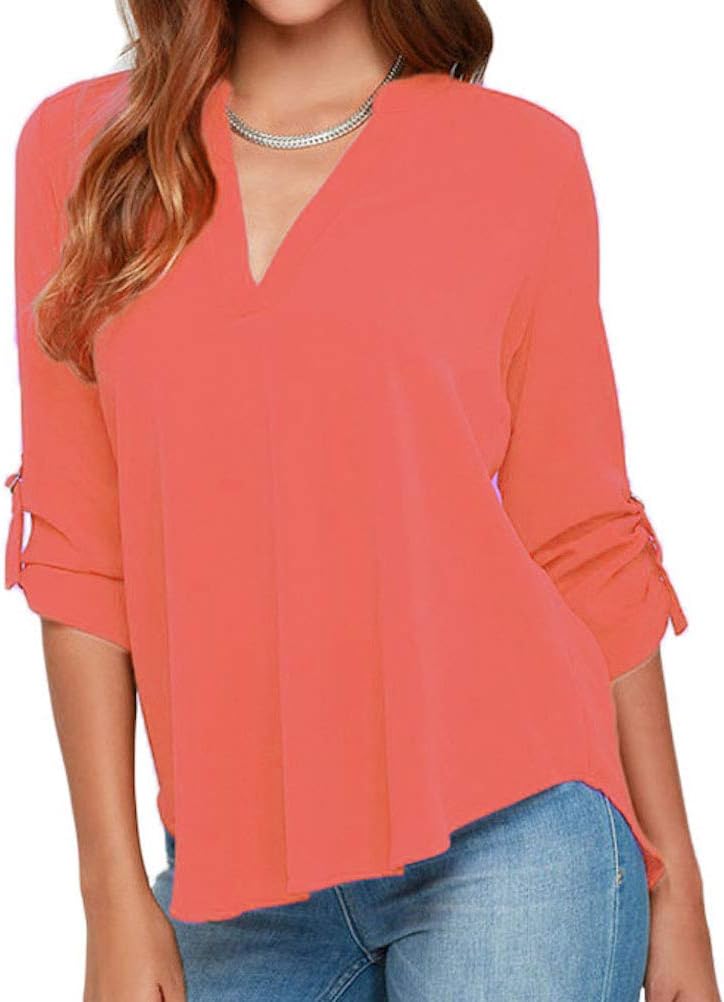 roswear Women's Casual V Neck Cuffed Sleeves Solid Chiffon Blouse Top