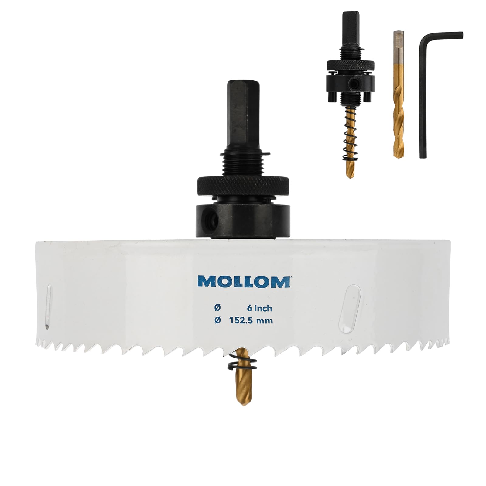 Mollom (152.5mm | 6") HSS M42 with 8% cobalt BI-Metal Hole Saw with 2 Pilot Drill Bits & Arbor Smooth Cutting for PVC,Drywall,Wood,Plastic,Gypsum Board,Rubber — image 1