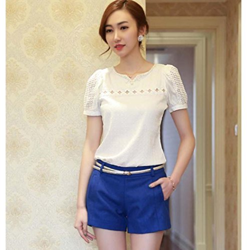 YANG-YI Women Lace Short Sleeve Shirt V Neck Doll Chiffon Blouse Sweet Sytle Tops (2XL, White) - Thumbnail 2