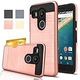 Nexus 5X Case, AnoKe [Credit Card Slots Holder][Not Wallet] Hard silicone Rubber Hybrid Armor Shockproof Protective Holster Cover Case for Google Nexus 5X - KLS Rose Gold