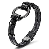 JINBAOYING Leather Bracelet Mens Black Braided Genuine Leather Bracelet with Stainless Steel Wristband Cuff Bracelet, 8.5-8.7 inch