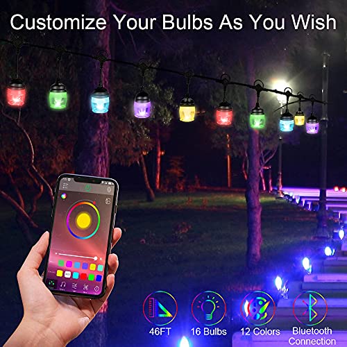 Bluetooth LED Outdoor String Lights 46FT, App and Remote Control, Patio