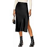 VividHarbor Satin High Waisted Midi Skirt Elastic Waistband Side Slit A Line Wedding Casual Skirts for Women