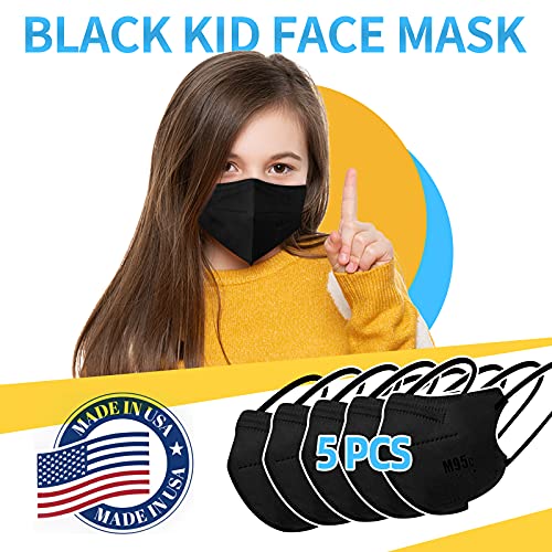 M95c Kid Face Mask, 5 Layer Efficiency≥95% Breathable Black Mask Small Size Design for Children, Protective Soft Disposable Mask with Comfortable Ear Loop Made in USA - 5PCS