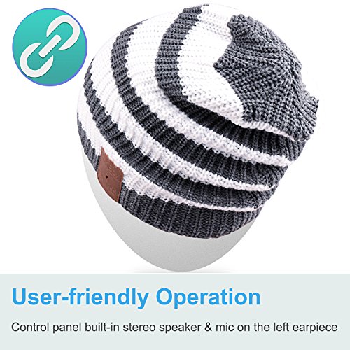 Rotibox Washable Winter Mens Womens Hat Strip Bluetooth Beanie Running Cap w/ Wireless Headphones Mic Hands Free Rechargeable Battery for Cell Phones, iPhone, iPad, Android, Laptops, Tablets - White