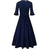 FAIRY COUPLE Women's 3/4 Bell Sleeve Midi Dress with Removable Belt, Structured Crew Neck A-Line Church Work Wedding Guest