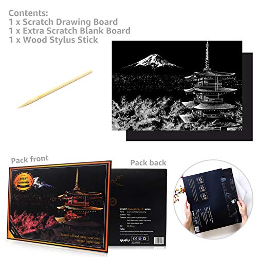 C-pop Scratch Art Paper DIY Night View Scratchboard for Adult and Kids,Four Series Size 11.2''x16'' (Mount Fuji)