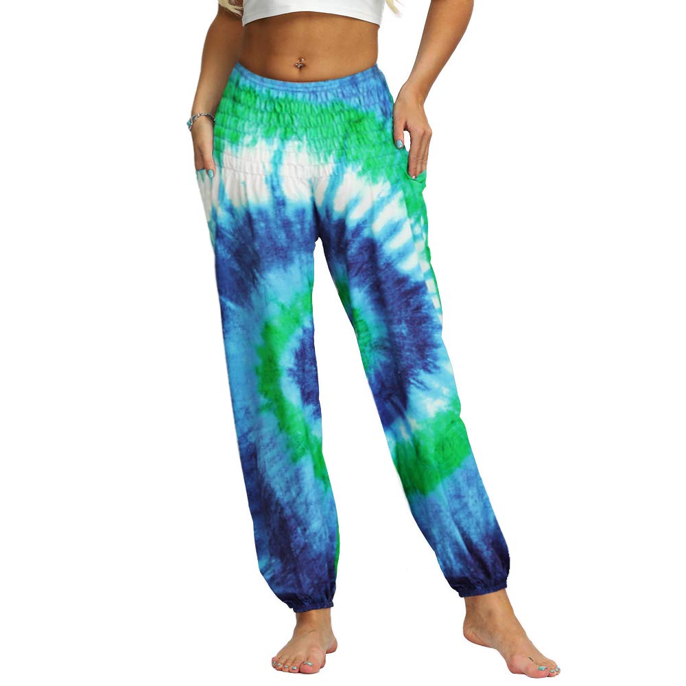 Nuofengkudu Women's Hippie Baggy Harem Trousers Smocked High Waist Soft Bohemian Print Colourful Yoga Pants with Pockets Lightweight Flowy Travel Holiday Party Beachwear (Green A,One Size) — image 1