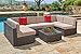 SUNCROWN Outdoor 5-Piece Half-Moon Sectional Sofa Furniture Sets - Brown Wicker Patio Curved Conversation Set with Round Coffee Table and Cushions - Brown