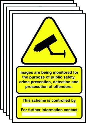 PACK OF FIVE - DATA COMPLIANT CCTV SIGNS - SIZE A4 RIGID PVC - SCREEN PRINTED BY PROFILE SIGNS (5), Yellow, Large