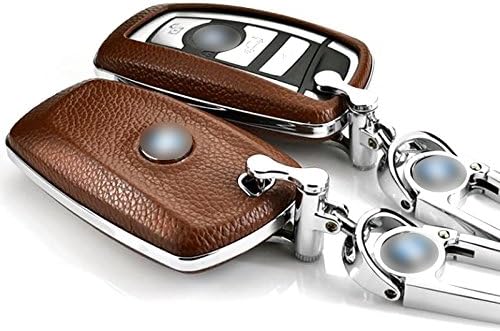 Brown Leather Layer in Hard Plastic Shell with Chrome Finish Edge Keyless Remote Entry Fob Case Cover for BMW
